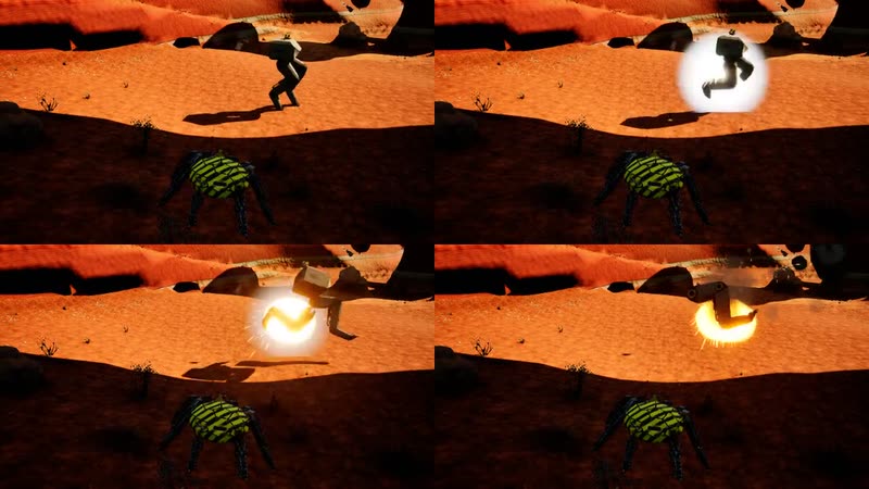 Four frames in sequence: a walker strides across the canyon floor, flashes white as it is hit, bursts into a fireball and throws a burning leg clear.