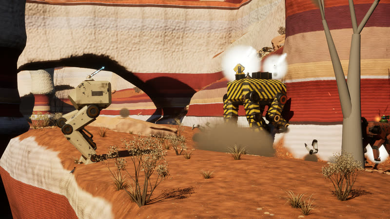 A hazard-striped hauler mech launching rockets in a burst of smoke, beside a two-legged walker carrying a railgun, among striped canyon rock.