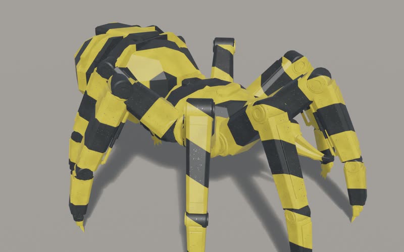 A spider mech painted in yellow and black hazard bands, standing on a grey stage.
